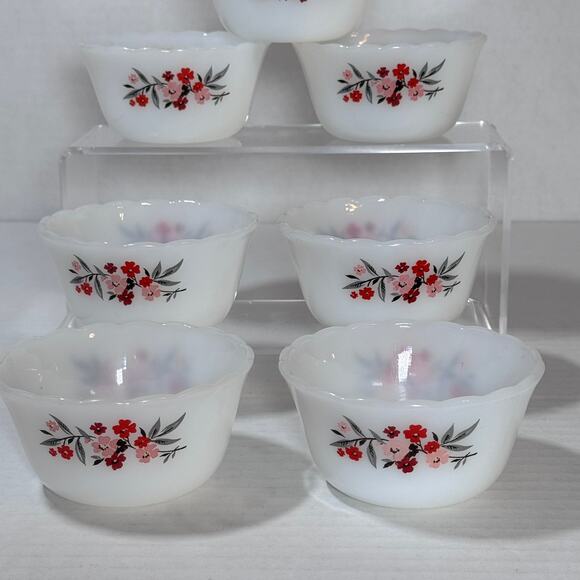 Anchor Hocking Fire King Prime Rose Custard Cups / Bowls Set of 7 Excellent Cond - Picture 3 of 9